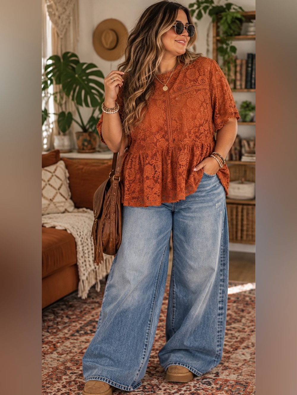 ANDREE BY UNIT boho Rust Orange Lace Peplum plus size Blouse size 1X
